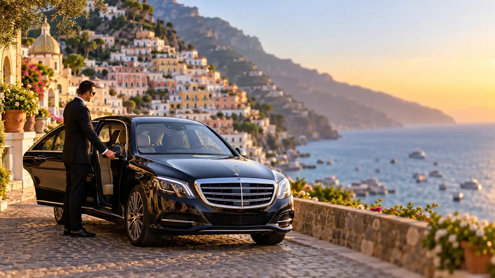 Chauffeur opening the door of a Mercedes above the harbour at Positano