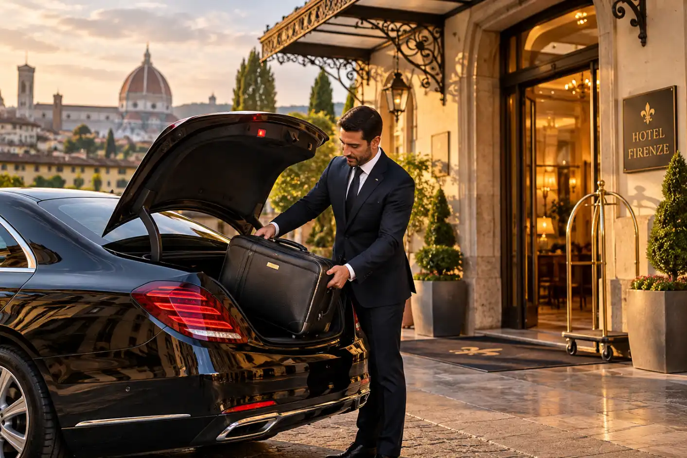 Chauffeur loading luggage into a sedan outside a Florence hotel