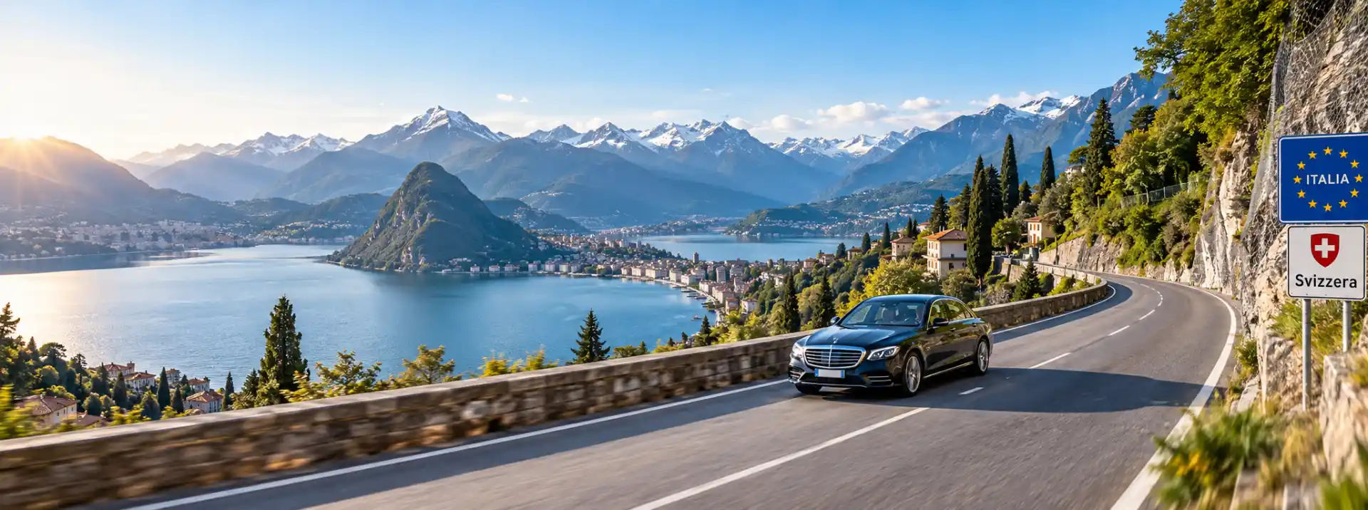 Chauffeur car on a lakeside road at the Italy–Switzerland border