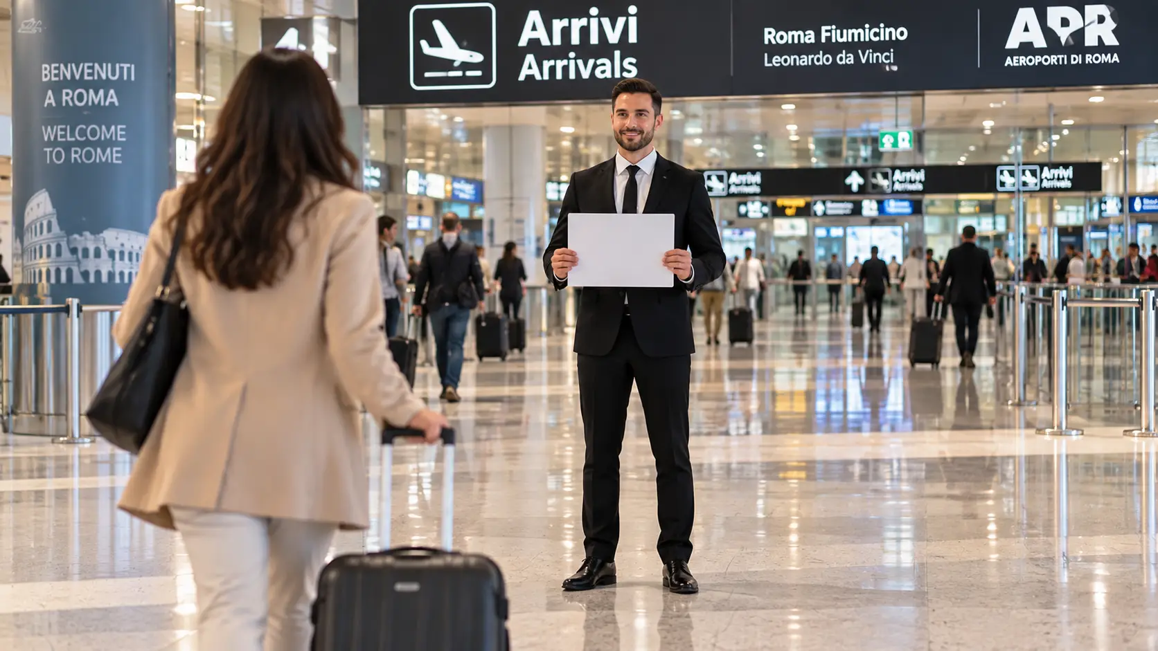 Chauffeur holding a name board in the arrivals hall at Rome Fiumicino